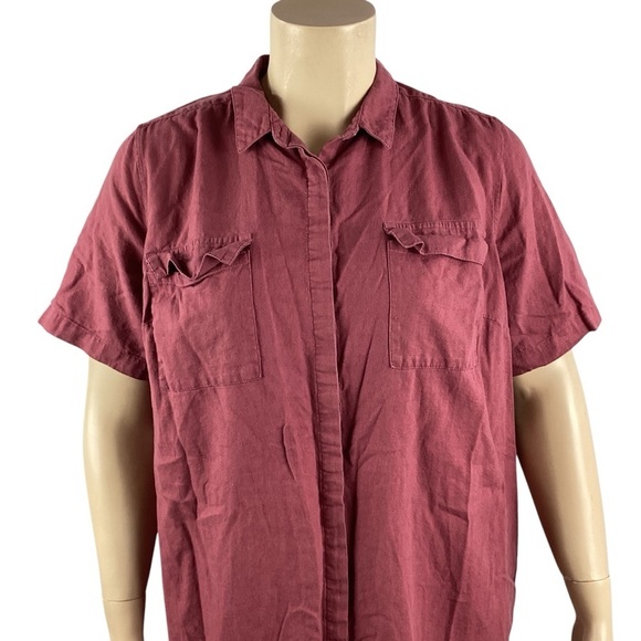 Ellos Red Linen Blend Short Sleeve Button Front Shirt Dress Size 22 Plus - Picture 2 of 7